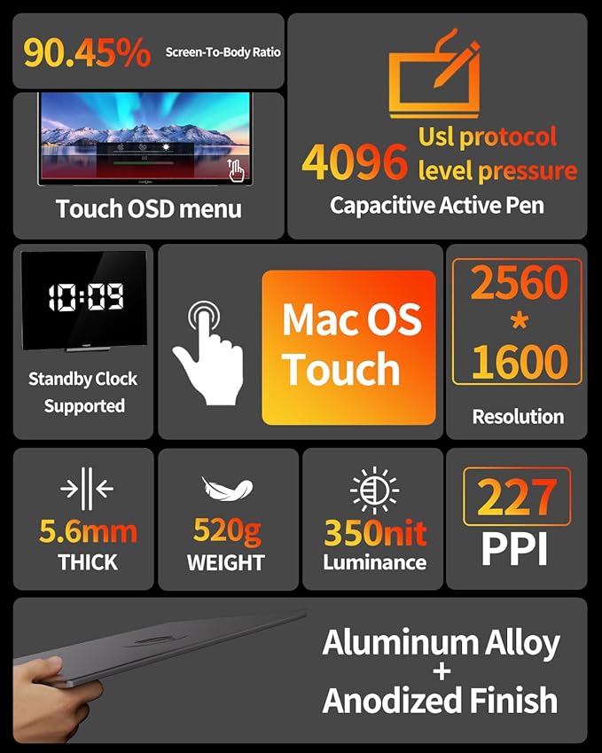 Portable Touchscreen Monitor for Mac, 13.3inch 2.5K 350nit 227 PPI Ultra-Thin Touch Screen Monitor, USB-C Plug & Play Travel Screen for Windows/Android/Switch (Including Stylus)