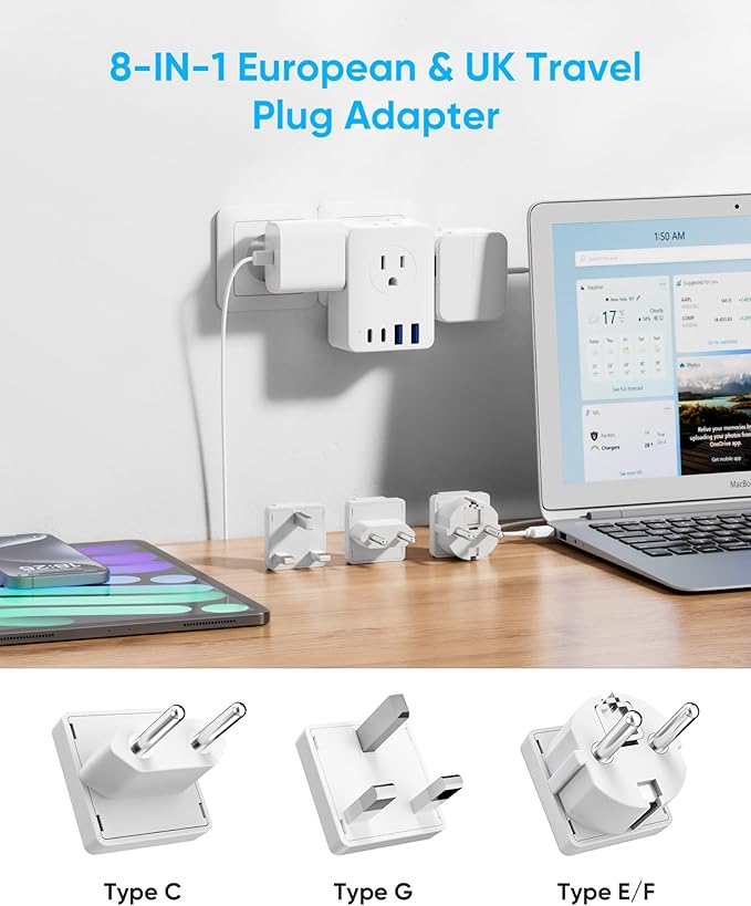 European Travel Plug Adapter, 5ft Detachable Extension Cord with Type C/G/E/F Plug Kit, 4 AC Outlets, 4 USB Ports (2 USB C), UK Germay France Greece Travel Plug Adapter
