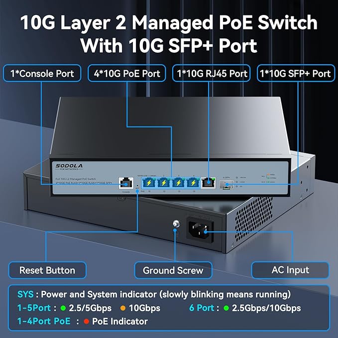 10Gb L2 Managed Switch, 5 x 10G RJ-45 Ports,1 x 10G SFP+ Port,Support LACP, VLAN, QoS, 10G/5G/2.5G/1000M/100M Auto-Negotiation, Multi-Gigabit Managed Ethernet Switch