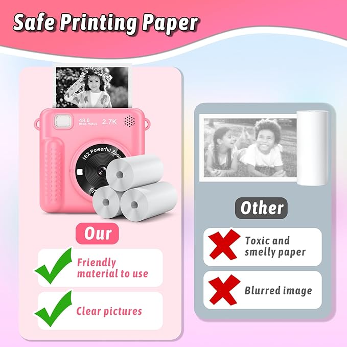 Kids Camera Instant Print, Christmas Birthday Gifts for Girls Boys Age 3-12，HD Selfie Kids Digital Camera, Portable Travel Toy for 3 4 5 6 7 8 9 10 Year Old Girls (Pink)