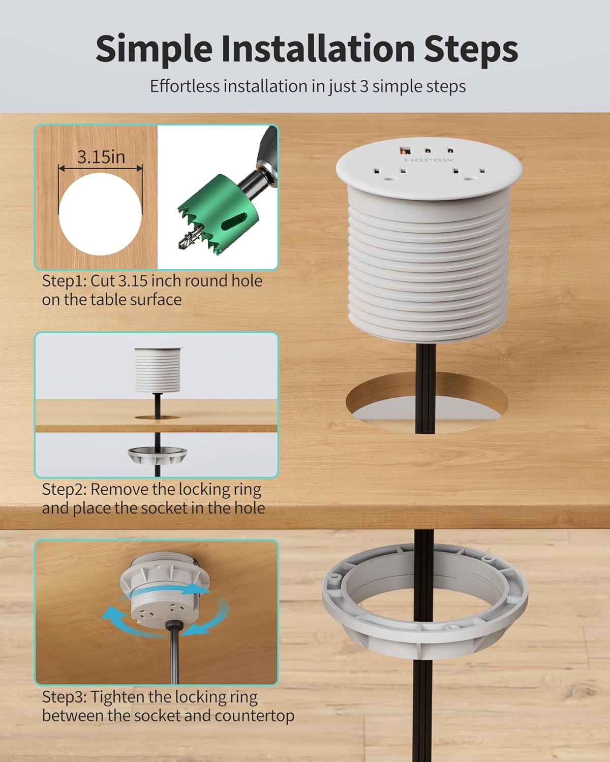 Recessed Desk Power Grommet with 4 AC Outlets 3 USB Ports (2USB C), Dual-Sided Flush Mount Outlet Charging Station for Desktop, Conference Room, Furniture Table, 6.5 FT Cord, Grey