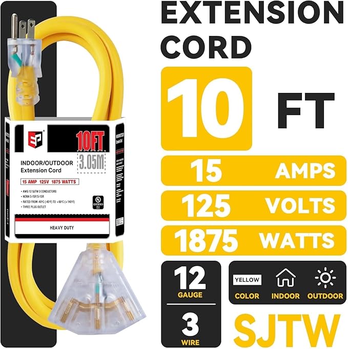 EP 10 Ft 12 Gauge Heavy Duty Extension Cord, 15A 125V 1875W, 3 Outlet Indoor/Outdoor Power Cord with Lighted End, 12/3 SJTW Weatherproof Yellow, UL Listed