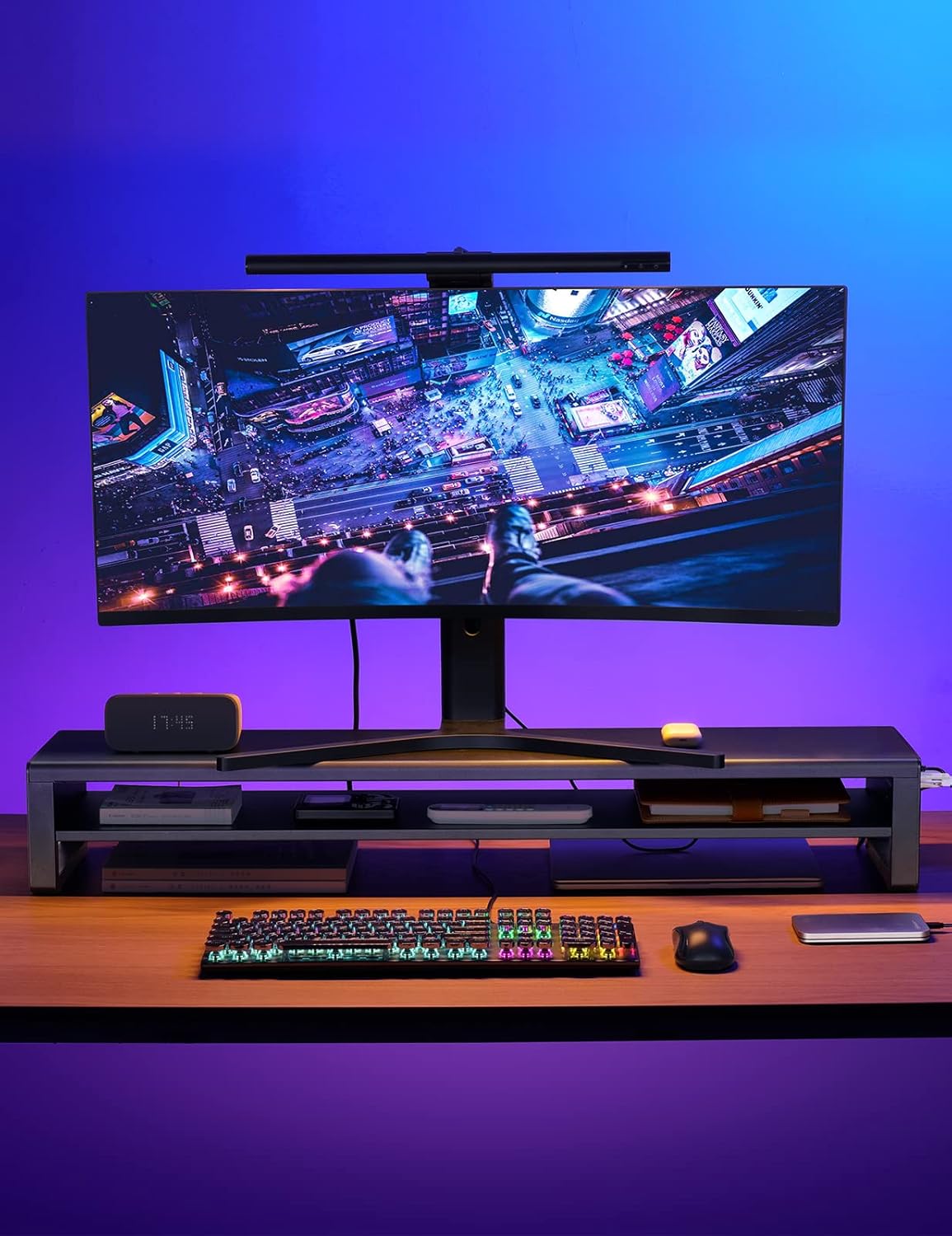 2 Tiers Dual Monitor Stand with 4 USB 3.0 Hub Ports, Double Monitor Riser, Metal Desk Stand with Storage, Long Screen Raiser for 2 Monitors/PC/Laptop/Computer Space Saver Organizer Office Home School