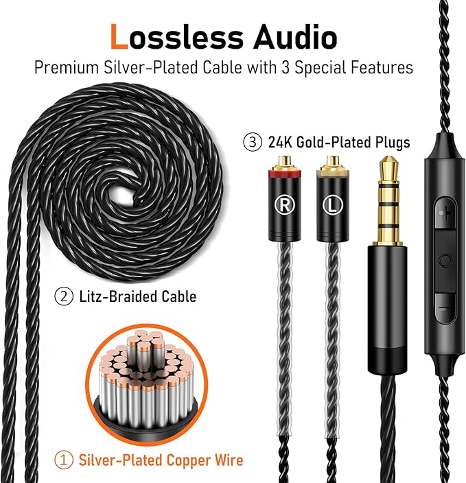 Vibes 202M Wired Earbuds - HiFi in Ear Monitor Headphones - Noise-Isolating Ear Buds w/ Mic - Clear Sound, Deep Bass & Comfort-Fit Gaming Earphones - MMCX to 3.5mm & Silver Plated Cord, Carrying Case