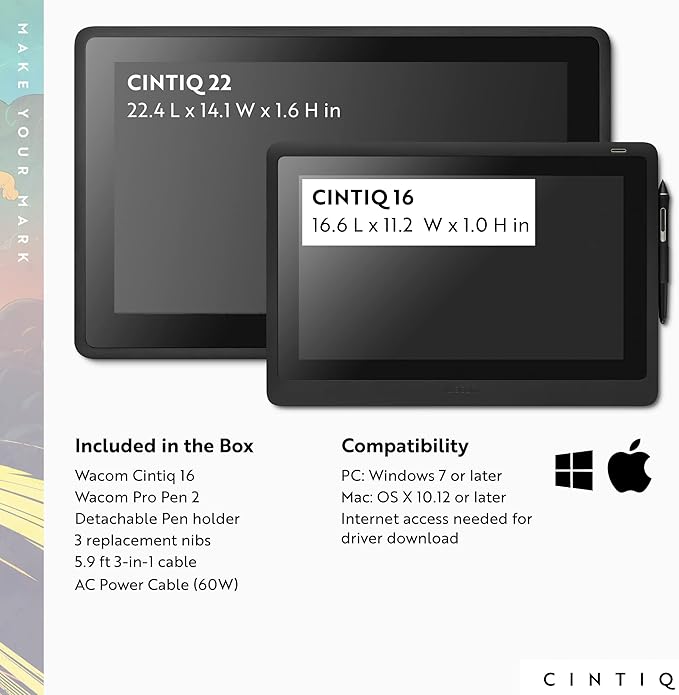 Wacom Cintiq 16 Drawing Tablet with Screen, 15.4" Full HD Display Graphic Arts Tablet Includes Pro Pen 2 w/ Tilt Response, Graphic Design Animation Display Pad for Mac, PC