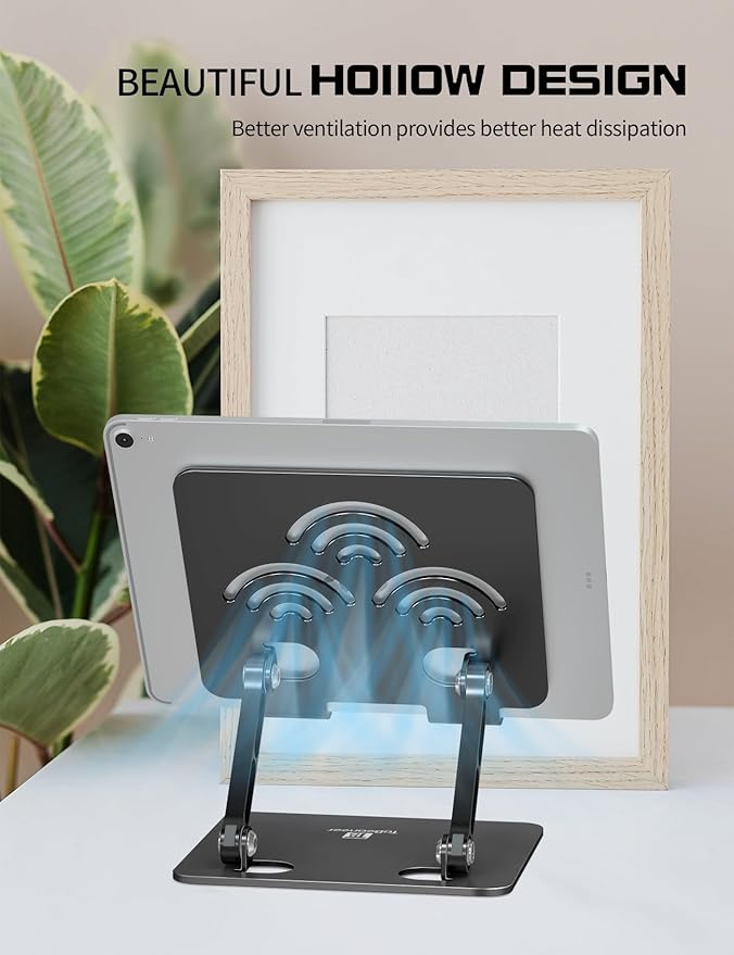 Adjustable Tablet Stand for Desk, Premium Aluminum Holder for iPads, Tablets, Kindles, Switch, Phones, and All Devices up to 14 Inches. Portable and Foldable Black, Plus Size