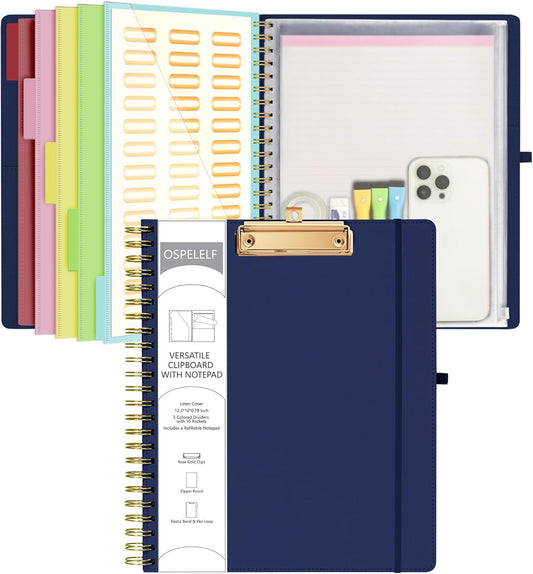 Ospelelf Bule Foldable Spiral Clipboard Folio with Storage Zipper Pouch, 5 Plastic Folders with 10 Pockets, Refillable Lined Notepad (11" x 8.5"), Linen Hardcover Project Organizer