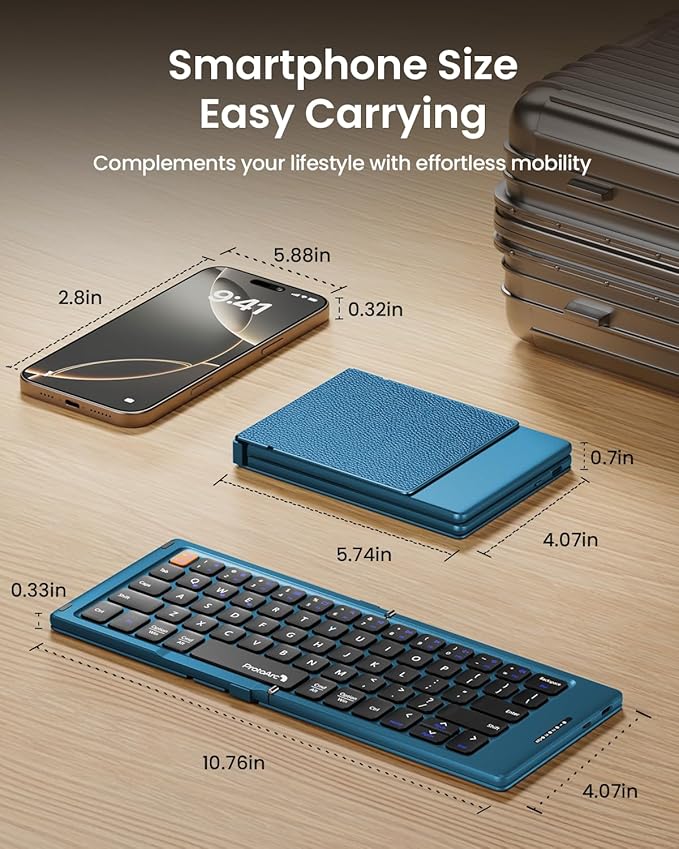 ProtoArc Foldable Compact Keyboard, XK04 Portable Bluetooth Keyboard with PU Leather Cover, Pocket-Sized Wireless Travel Keyboards for iPad, iPhone, Smartphone, Tablet and Laptop - Blue