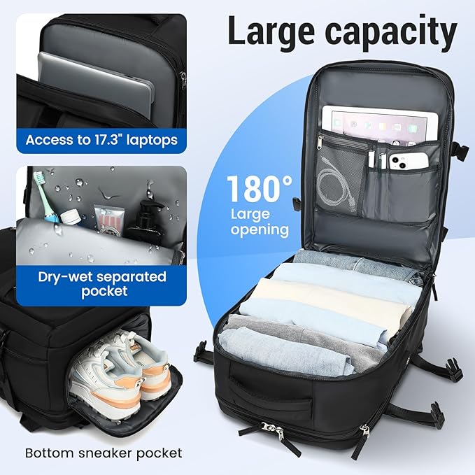 Expandable Travel Backpack Women Men, Carry On Backpack with USB Charging Port & Shoe Pouch,TSA 17.3inch Laptop Mochila Flight Approved,Nurse Bag Casual Daypack for Weekender Business Hiking,Gift