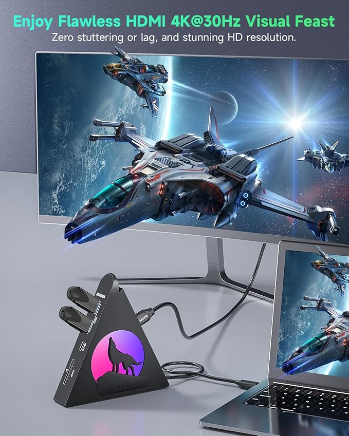 Vertical USB C Adapter Hub, 8-in-1 USBC HDMI Hub with 4K, 100W PD Pass-Through Charging, 5Gbps 3xUSB-A, USB-C 3.0, SD/TF Card Reader, RGB Wolf USB Hub Tower for MacBook, iPad, iPhone16, etc.