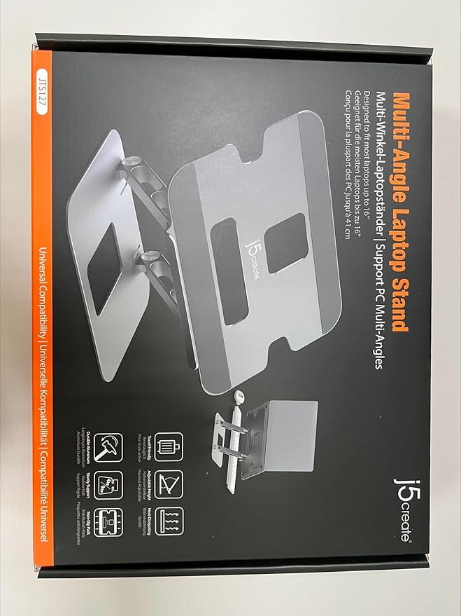 j5create Multi-Angle Aluminum Laptop Stand, Ergonomic Notebook Riser, Suitable for MacBook, Dell, HP, Lenovo, Fits Most laptops up to 16" (JTS127)