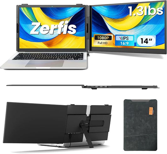 Laptop Screen Extender, Ultra-Thin 14" FHD 1080P Portable Monitor for Laptop, 1.3lbs Lightweight Dual Monitor Extender Plug & Play for 13"-17" Laptops, Compatible with Wins/Mac/Android/Chrome