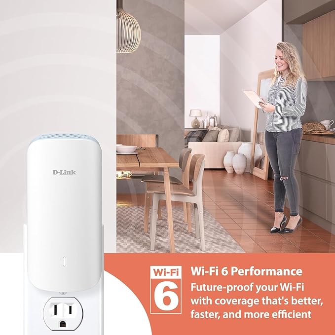 D-Link E30 AX3000 Mesh WiFi 6 Range Extender, Universal Compatibility, Gigabit Ethernet Port, Covers up to 2800 sq. ft, Whole Home Internet Signal Booster