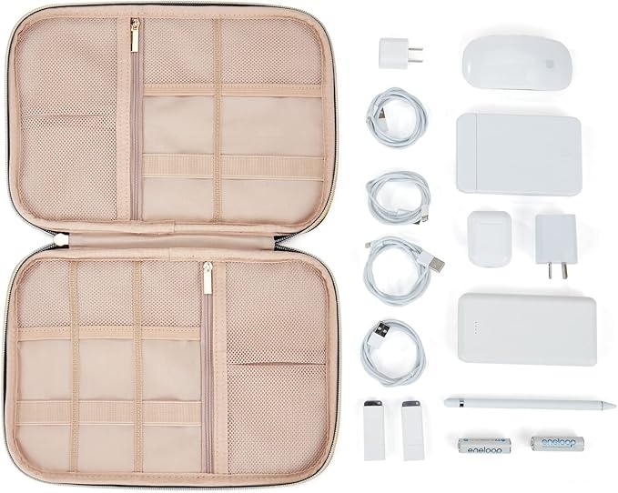 NISHEL Travel Cord Organizer Case, Tech Electronic Bag, Essentials for Charger, Cable, Phone, Hard Drive, USB, SD Card, Rosewood-Pink