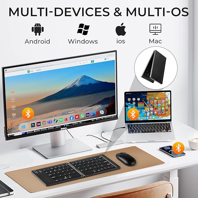 Foldable Keyboard and Mouse, 2.4G Wireless+Dual Bluetooth5.0 Folding Keyboard & Mouse Combos for Business and Travel, USB-C Rechargeable Portable Keyboard Mouse for iPads, Phones, Tablets-Black