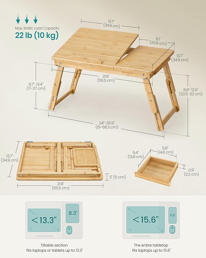 SONGMICS Bed Laptop Desk, Folding Bed Tray for Laptop up to 15.6 Inches, Adjustable Angle and Height, Portable for Working Reading Writing Breakfast, Bamboo, Drawer, Light Bamboo ULLD01N
