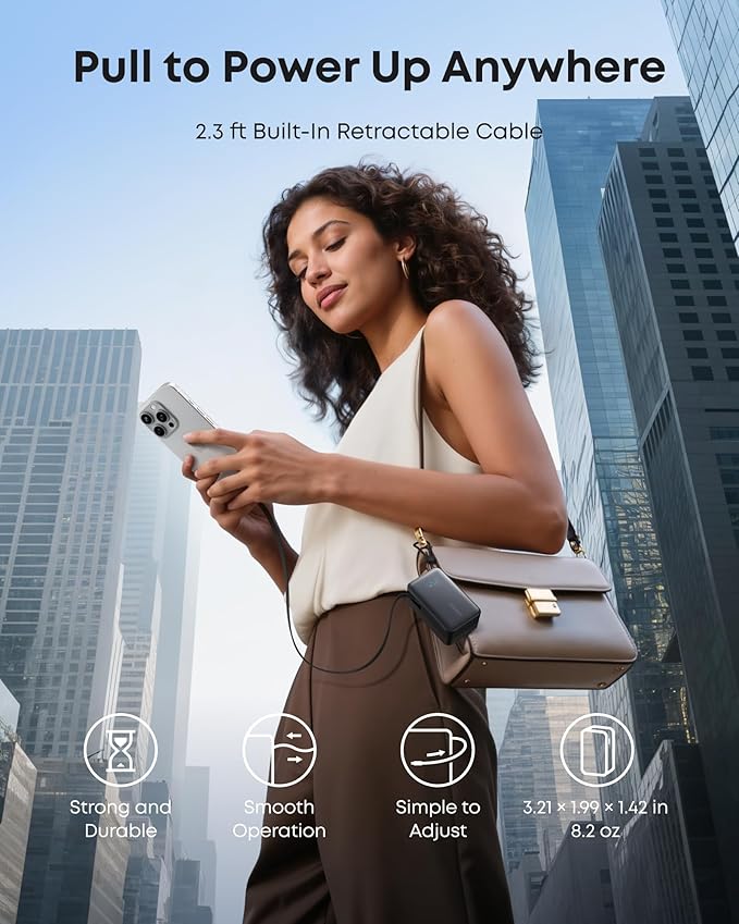 Anker Nano Portable Charger, 10,000mAh 45W Max Compact Power Bank, Travel Essential Phone Battery Pack with 2.3 ft InstaCord Retractable Cable for iPhone 17/16 Series, iPad, Galaxy, Pixel, and More