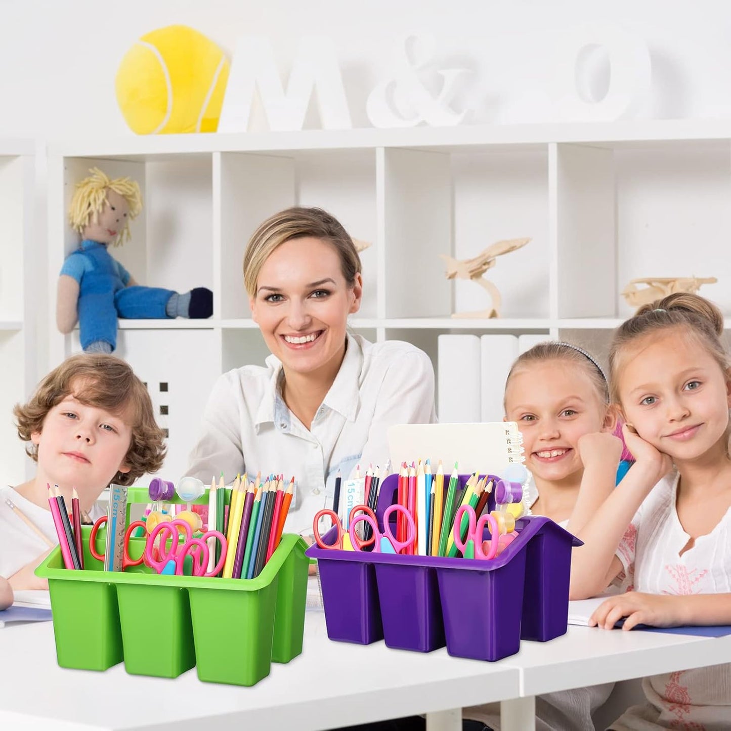 WILLBOND 12 Pcs Classroom Storage Caddies Stackable Utility Caddies with 4 Compartment Plastic Caddy with Handle Portable Storage Bins Organizers for Kids Schools Art Craft Supplies(Colorful)