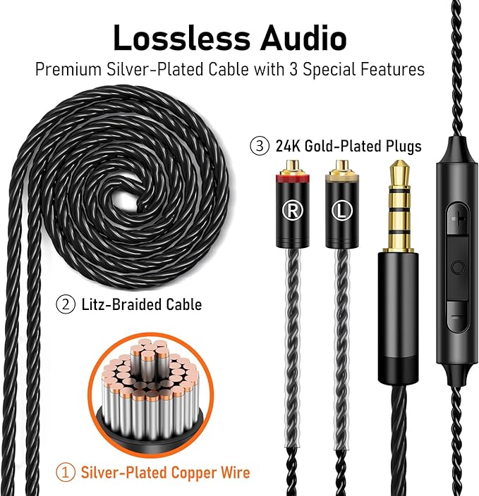 Vibes 202M Wired Earbuds - HiFi in Ear Monitor Headphones - Noise-Isolating Ear Buds w/ Mic - Clear Sound, Deep Bass & Comfort-Fit Gaming Earphones - MMCX to 3.5mm & Silver Plated Cord, Carrying Case