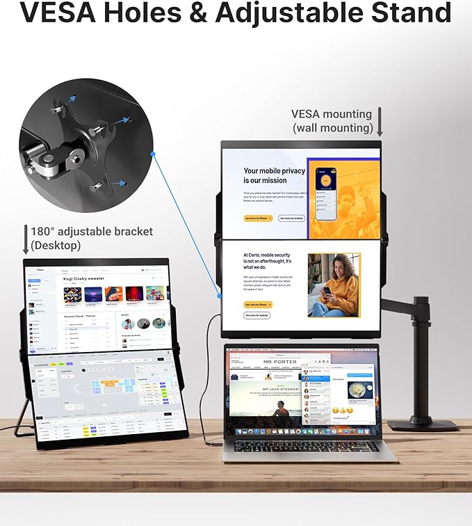 15.6" Dual Monitor, FHD 1080P 100% sRGB Laptop Screen Extender for Windows Mac, with 4 Speakers, 2 HDMI USB C Ports, for Office Gaming Triple Monitor