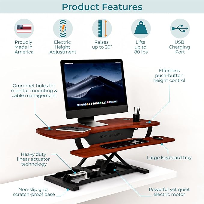 VERSADESK® PowerPro™ 36” x 24” Standing Desk Converter | 7.75” - 23.5” Electric Height Adjustable Sit to Stand Desk Riser w/ Keyboard Tray & USB Hub - Ergonomic Workstation for Home & Office, Cherry