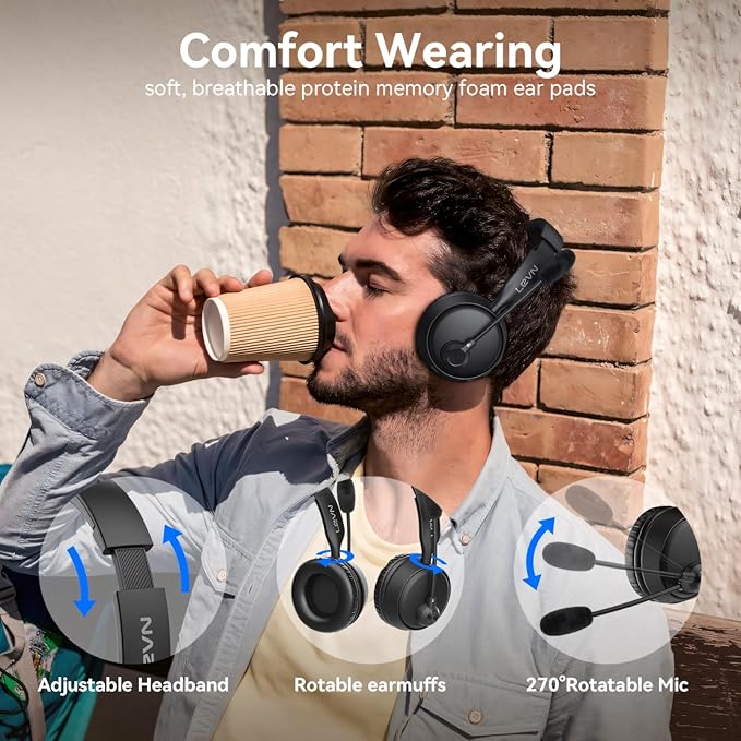LEVN Bluetooth Headset with Microphone, 60 Hrs Working Time Dual Connection Bluetooth Headphones with Mic, Wireless Headset with Mic for Work/Video Meetings/Phone/Call Center/PC/Music/Zoom/Teams