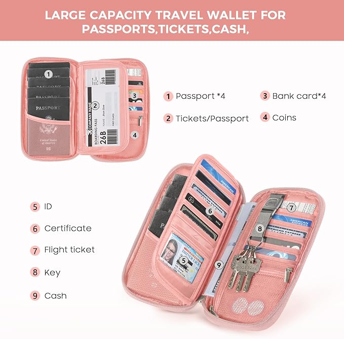 Travel Passport Wallets, Airtag Lightweight Family Passport Holder With RFID Blocking Passport Cover Case Waterproof Bag Document Organizer for Men and Women-pink