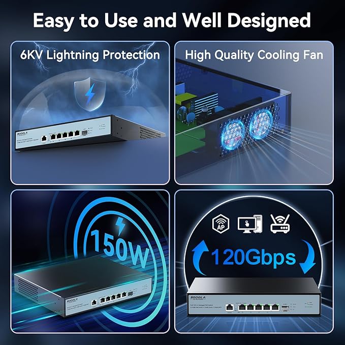 10Gb L2 Managed PoE Switch 150W|1X 10G SFP+&4 x 10GBase-T PoE Ports+1x10GBase-T Uplink, Max 90W PoE Output,IEEE802.3af/at/bt,Desktop&Wall Mount 10G Managed PoE Network Switch