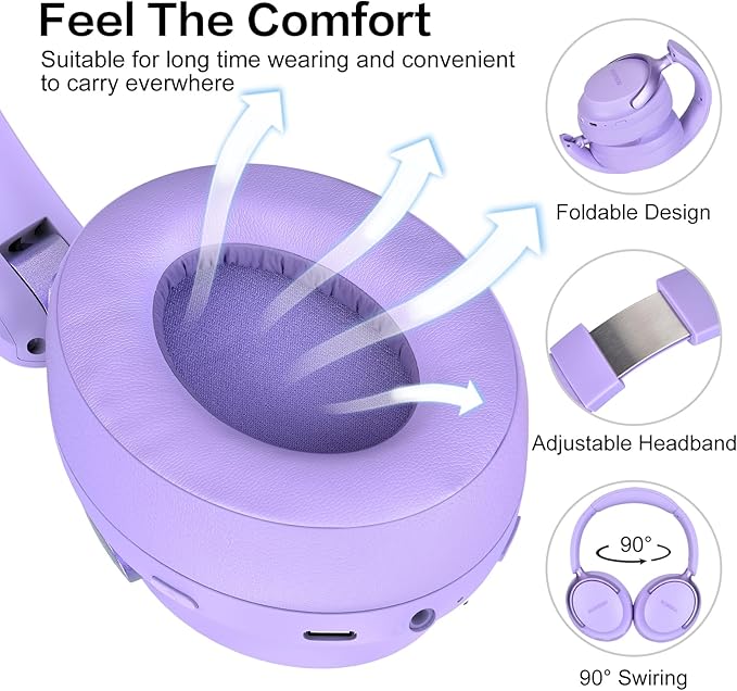 RORSOU B8 Bluetooth Headphones Over Ear, 6 EQ Music Modes and 50H Playtime Deep Bass Wireless Headphones with Mic, Lightweight Folding HiFi Stereo Headset for iPad/Travel/Tablet/PC/Home Purple