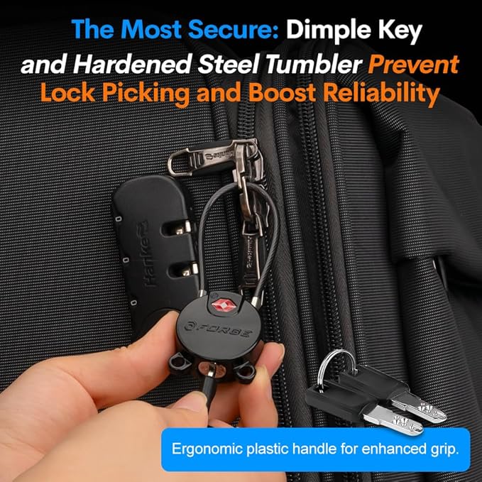 Forge TSA Approved Luggage Locks Ultra-Secure Dimple Key Travel Locks with Zinc Alloy Body- Black 4 Cable Locks