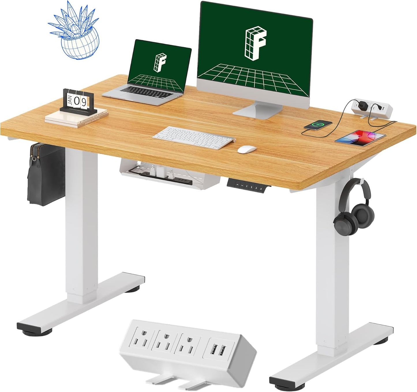 FLEXISPOT EN2 Whole-Piece Standing Desk with Clamp Power Strip, 48 x 30 Electric Stand Up Height Adjustable Desk with Cable Management (White Frame + 48" Maple Top, 2 Packages)
