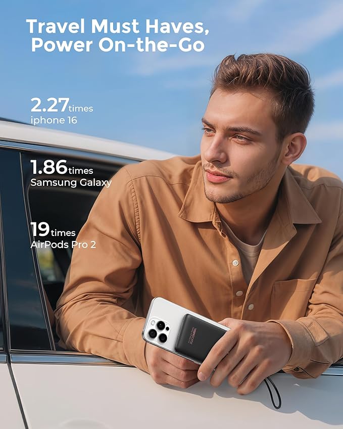 VEEKTOMX Small Portable Charger 10000mAh, Mini Power Bank 22.5W Fast Charging, Slim & Lightweight Travel Essentials, 3-Output External USB C Battery Pack Compatible with iPhone 17 16 15 (Dark Black)