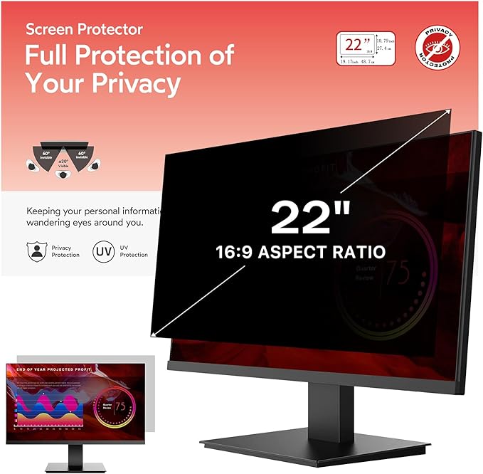 BERSEM 22 Inch Monitor Computer Privacy Screen Filter for 16:9 Ratio Removable Monitor Anti-Glare & Privacy Filters for 22 Inch, Anti Blue Light, Anti-Spy, Anti-Scratch, UV-Blocking