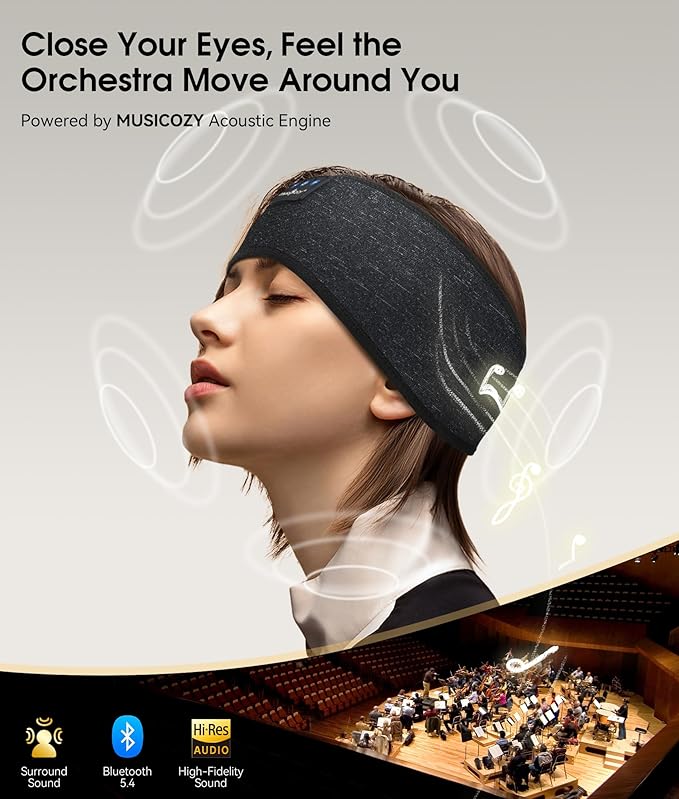 MUSICOZY Sleep Headphones Bluetooth 5.4 Headband, Wireless Earphones Music Sleep Earbuds Sleeping Eye Mask with HD Stereo Speakers for Workout Running Travel Yoga, Ideal Gifts for Women Men