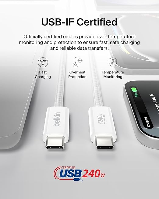 Belkin USB C to USB C Cable, 9.9ft, 240W - Type C Charger, iPhone Charger Cord, Soft, Braided, Flexible for iPhone 17, Galaxy S25, Pixel 10, MacBook, Chromebook, iPad Pro, Switch Steam Deck – White
