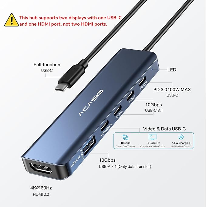 ACASIS USB C Splitter with 4K@60Hz Video Output, USB C Hub 10Gbps with 1xHDMI, 1xUSB C Video Output for Portable Monitor, 3xUSB C 10Gbps,100W PD, Multiport Adapter Splitter for Dell/HP/Mac Pro/Samsung