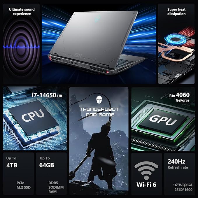 Thunderobot Radiant 16 4060 2.5K Gaming Laptop, 16" WQXGA 240Hz Display, 14th Gen i7-14650HX, GeForce RTX 4060, 16GB DDR5 RAM, 512GB PCIe SSD, RGB Backlit Keyboard, Wi-Fi 6, Win 11, Gray