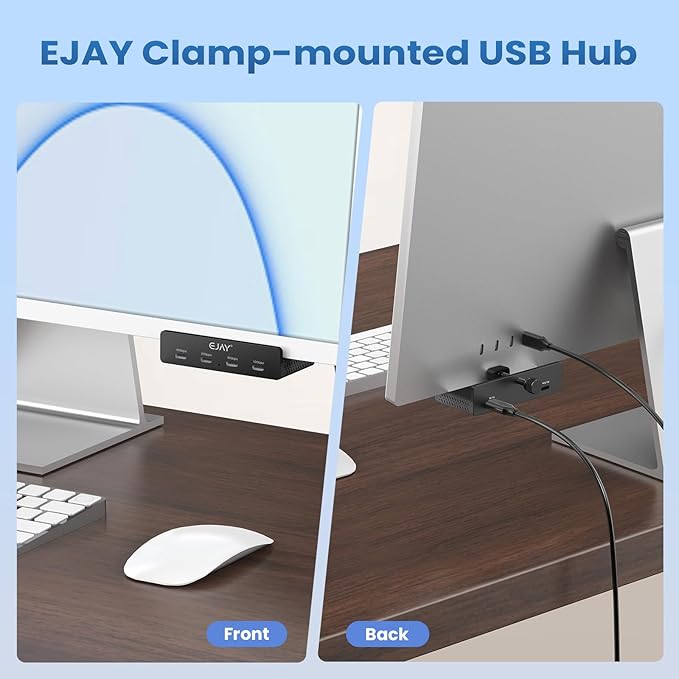10Gbps USB C Hub - EJAY 4Ports Aluminum USB 3.2 Docking Hub Clamp Design for Desk/Computor with Extra Power Supply Port and 47inches Long Data Cable&39inches Power Cable (BJ-4C-BK)