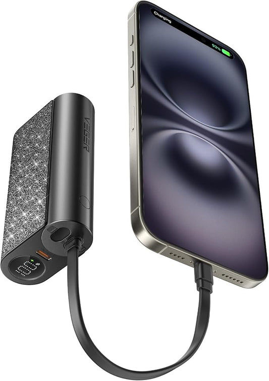 VEGER Compact Portable Charger with Built in Cable(Removable), 10000mAh Cute Power Bank 20W Fast Charging, Sparkling Battery Pack Fashion Travel Accessory Compatible with iPhone 15/14, Android-Black