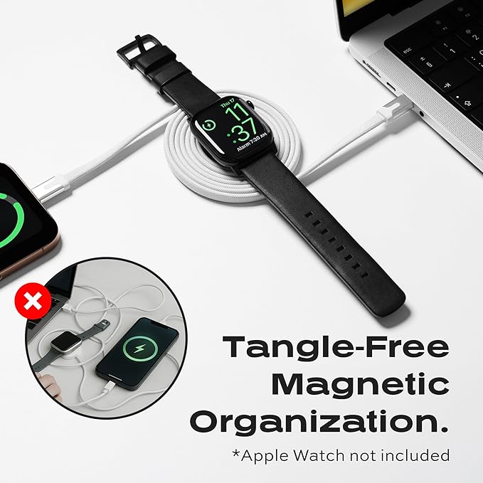 Statik MagStack Duo 2 in 1 USB C to USB C Cable Charging Station for SmartWatch & Phone, Magnetic Type C Charger Fast Charging Cord, Compatible w/Apple Watch & iPhone 15/16, Galaxy S21, 3FT