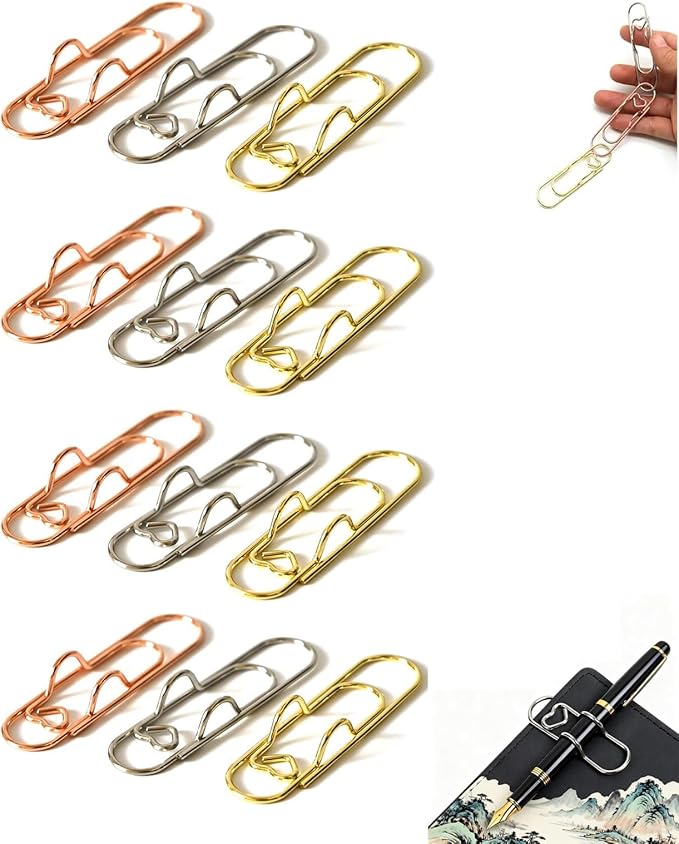 6Pcs 3 Colors Heart Pen Clip Metal Pencil Clips Multifunctional Rose Gold Silver Carbon Steel Paperclip, Paper Clips Pen Holder for Notebook Book Journal Office School Accessories (12Pcs)