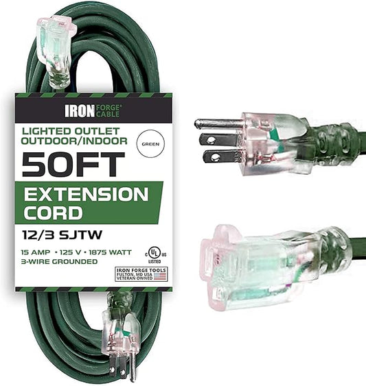 Iron Forge Cable 50 Foot Outdoor Extension Cord,12/3 SJTW Heavy Duty Green Extension Cable with 3 Prong 50 ft, Weatherproof Cord for Major Appliances, Landscaping, Gardens & Outdoor Lights Decoration