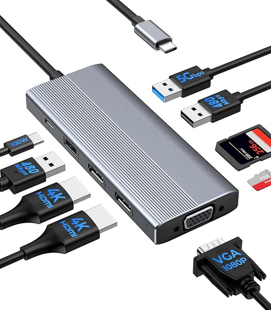 GIISSMO USB C Docking Station 3 Monitors HDMI Adapter for Dell HP Lenovo, 9 in 1 Laptop Docking Station 3 Monitors USB C Hub with 2 HDMI 4K Ports + VGA + 100W PD Charging + 3 USB + SD/TF Card Reader