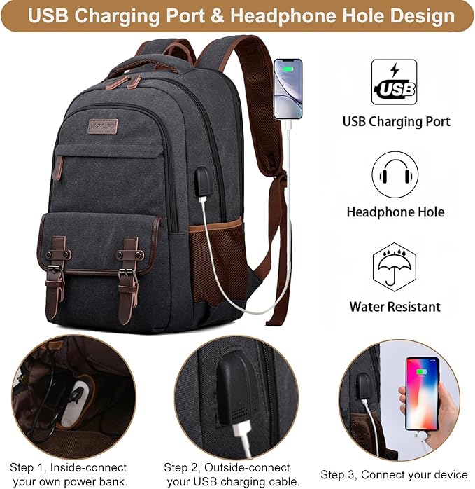 Mactso Canvas Travel Laptop Backpack for Men Women, Business Work Rucksack College School Computer Bag Fits 15.6 Inch Notebook,Bookbag with USB Charging Port (Black, 15.6 Inch)