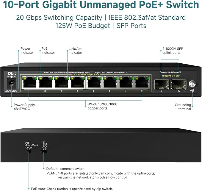 DBIT 10-Port Gigabit Network Switch with 8 PoE+ Ports @125W with 2 Combo SFP Slots, Unmanaged PoE Switch, 802.3af/at Compliant, Desktop/Wall-Mount, Plug & Play, VLAN Mode, Metal Case Fanless (WS2082A)