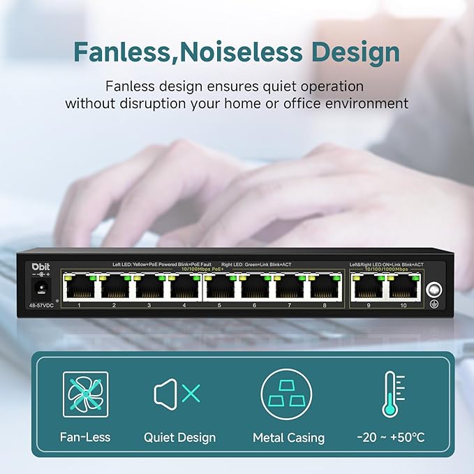 DBIT Unmanaged 10-Port PoE Network Switch, 8* 10/100Mbps PoE+ Ports, 2 Gigabit Uplink Ports, 802.3af/at, Desktop/Wall-Mount, Plug & Play, Support Extend/VLAN Mode, Metal Case Fanless, 130W (WS1082A)