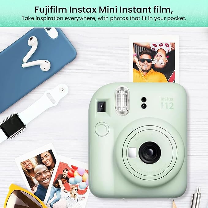 Fujifilm Instant Mini 12 Camera + Accessory Bundle & Custom Case + Fuji Instant Film (20 Shots), Designer Mini Photo Album (60 Pockets) (Mint Green)