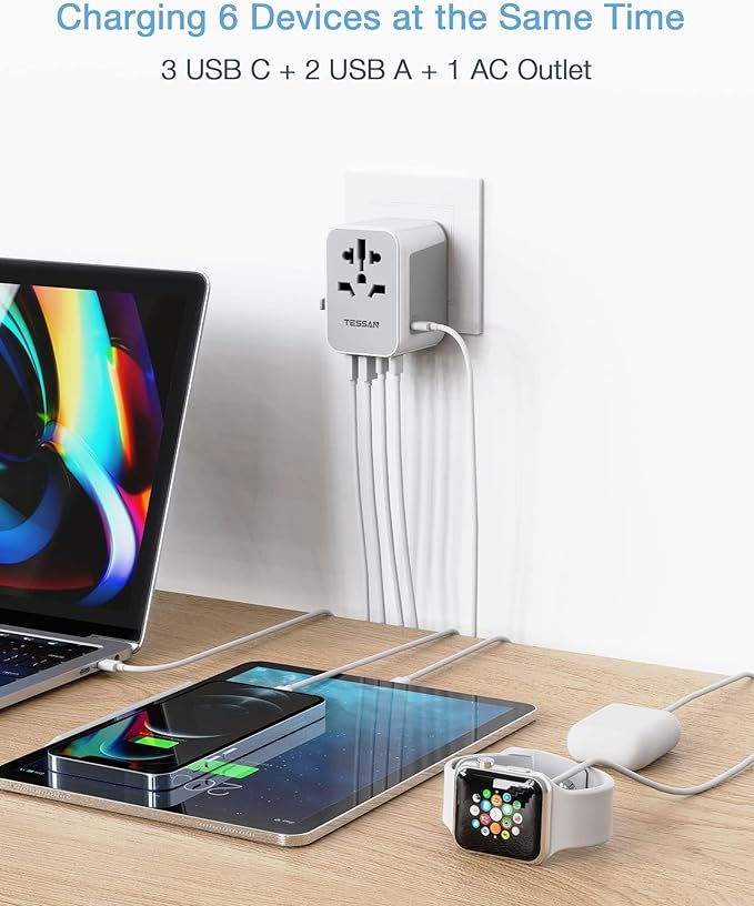 TESSAN Universal Travel Adapter, International Power Adapter 5.6A 28W 3 USB C 2 USB A Ports, Travel Worldwide Plug Adaptor, Outlet Wall Charger for Europe UK EU AUS (Type C/G/A/I)