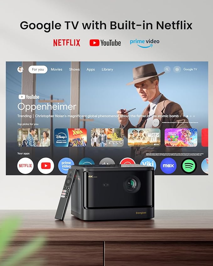 Dangbei DBOX02 Laser Projector 4K GTV, 2450 ISO Lumens, Netflix Officially Licensed, Blu-ray 3D, Home Theater Projector with WiFi and Bluetooth, HDR10+, 200-inch Picture, 2x12W DTS:, Dolby Audio