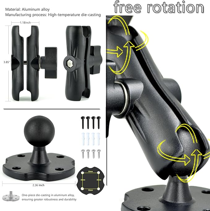 Aluminum Arm Heavy Duty Tablet Mount Drill Base - for 6.5"-12.9" Tablet iPad Pro/Mini, iPad Holder for Truck, Car,Dashboard,Desk,Wall-Swivel with 1 inch/25mm Ball Joint